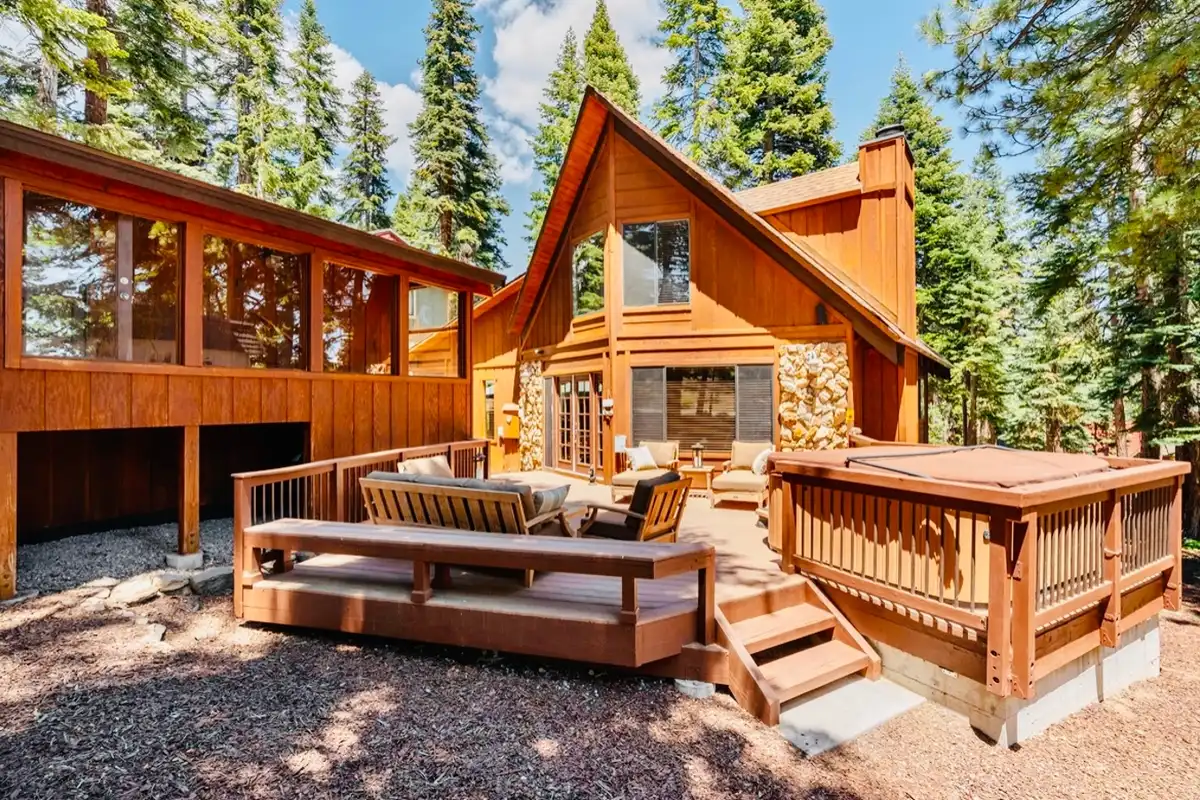 Wood A-frame home with a large deck and hot tub, Sunlit Incline Retreat
