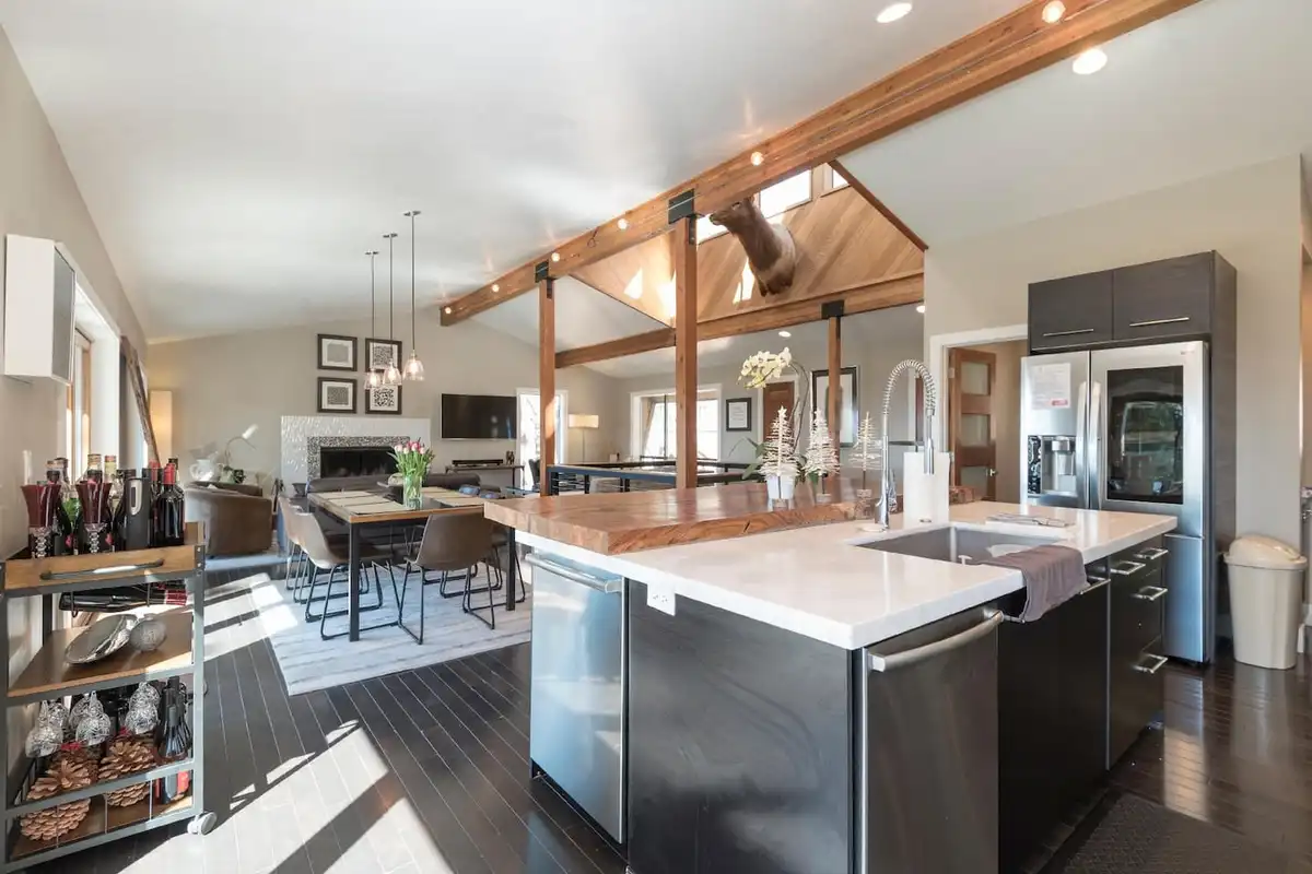 High-end, modern kitchen w/ stainless steel amenities, unique granite wood counters, and lots of space, Skylake Serenity Retreat