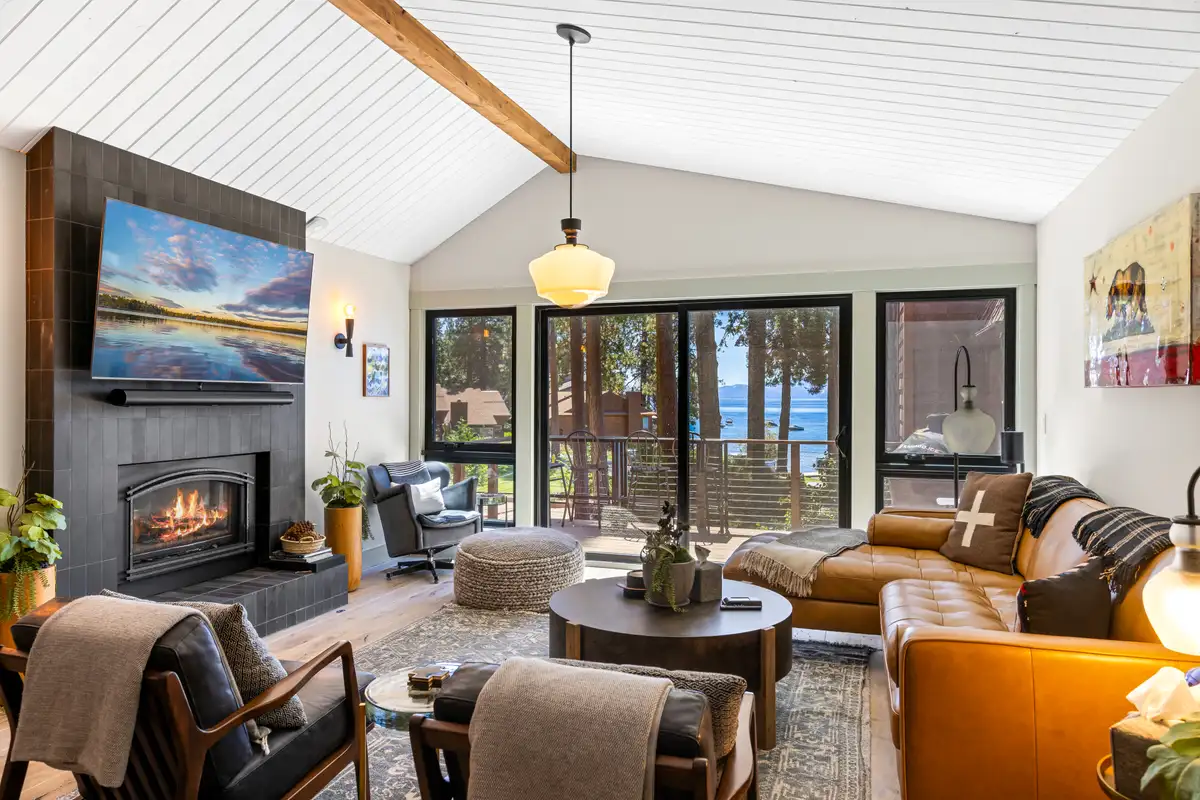 Living room with balcony and lake views, Lakeside Luxe Retreat