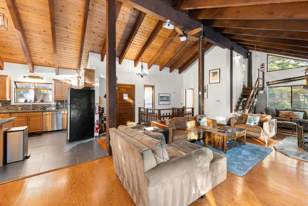 Kitchen and family room, Sierra Woodlands Getaway, an MG home in Tahoe Vista