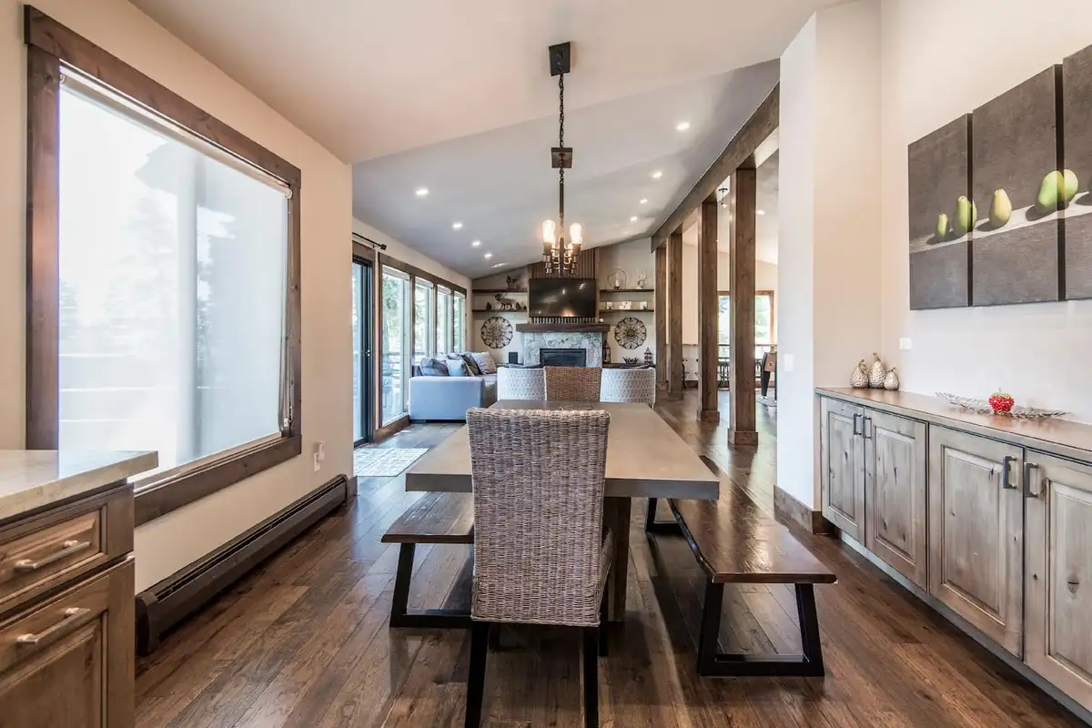 The kitchen transitions seamlessly into a dining area, Tranquil Tahoe Haven