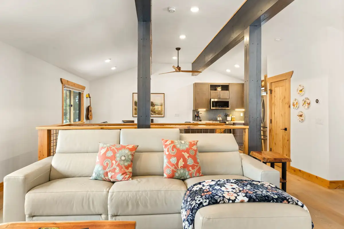 Living room with sectional facing the kitchen, Sugar Pine Tahoe Lodge