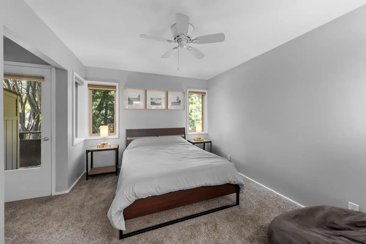 Bedroom with a bed and ceiling fan, Incline Tranquil Loft