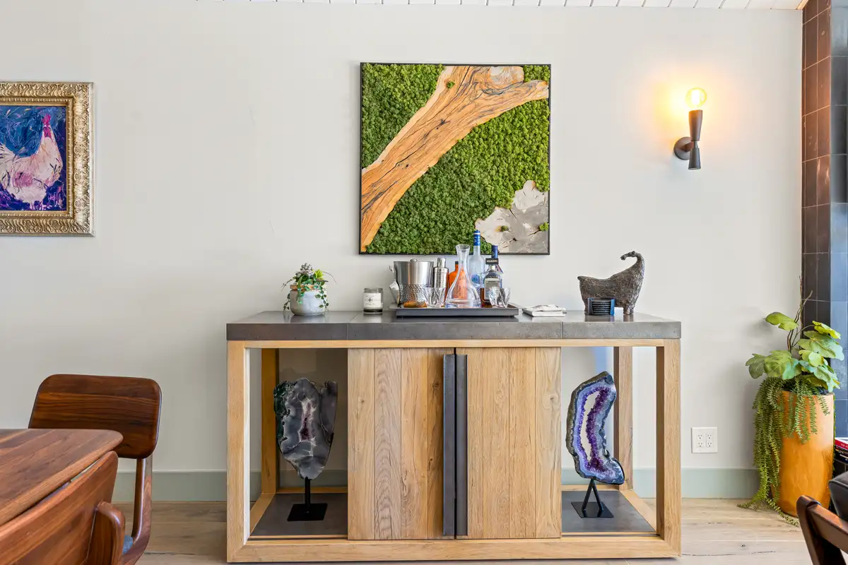 Wood console with geode decor and wall art, Lakeside Luxe Retreat