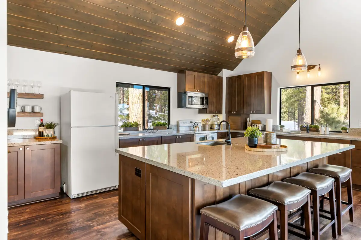 Kitchen island with bar stools and white refrigerator, Incline Lakehouse Lookout