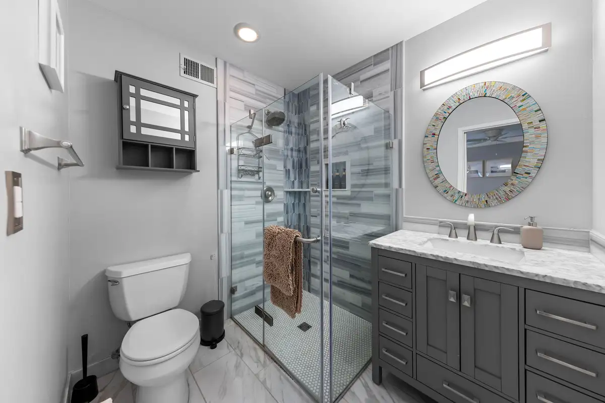 Bathroom with glass shower and gray vanity, Incline Tranquil Loft