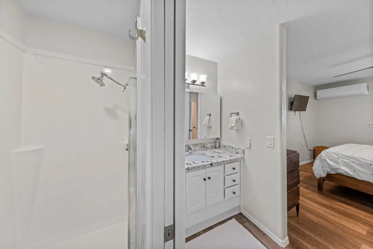 Bathroom with walk-in shower opening to a bedroom, Lakeview Haven in Incline Village