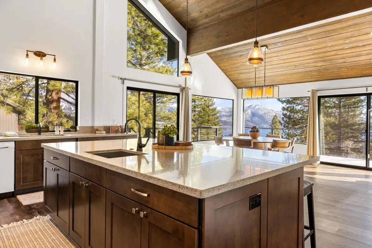 Kitchen island with Lake Tahoe visible through the windows, Incline Lakehouse Lookout