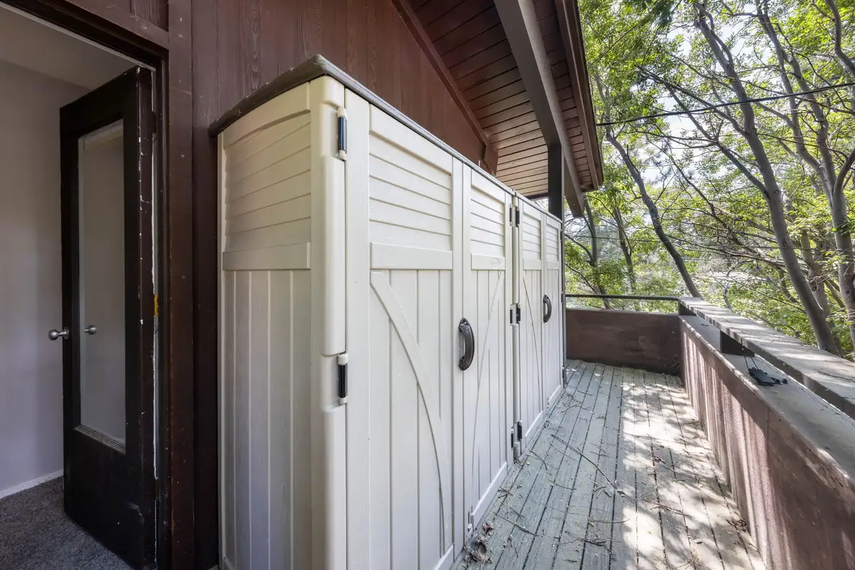 Balcony with storage cabinets and trees beyond, Incline Tranquil Loft