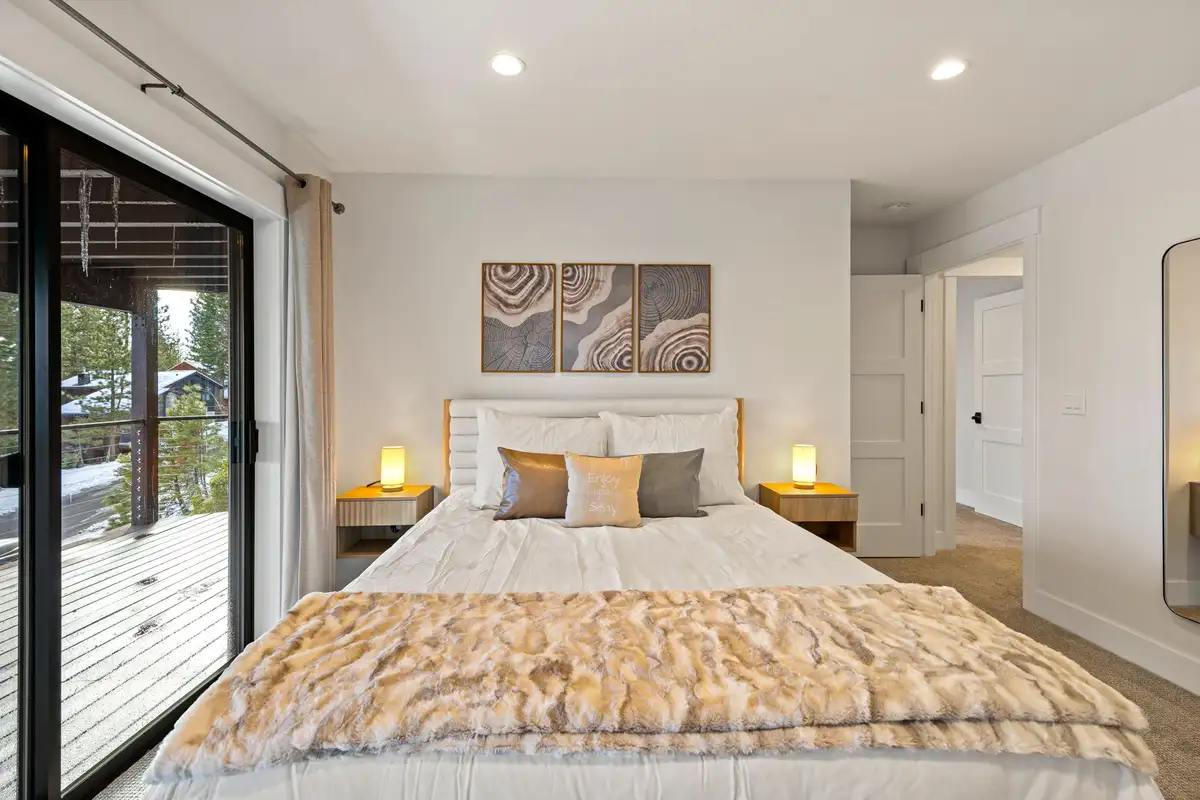 Bedroom with a bed and sliding doors to a deck, Incline Lakehouse Lookout
