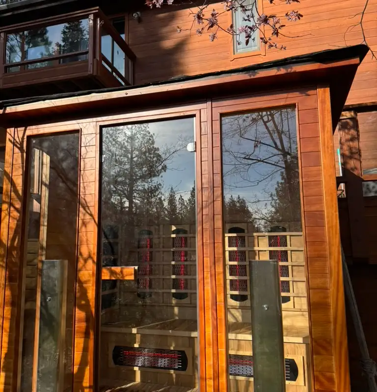 Close view of a glass-front outdoor sauna, Incline Lakeside Haven