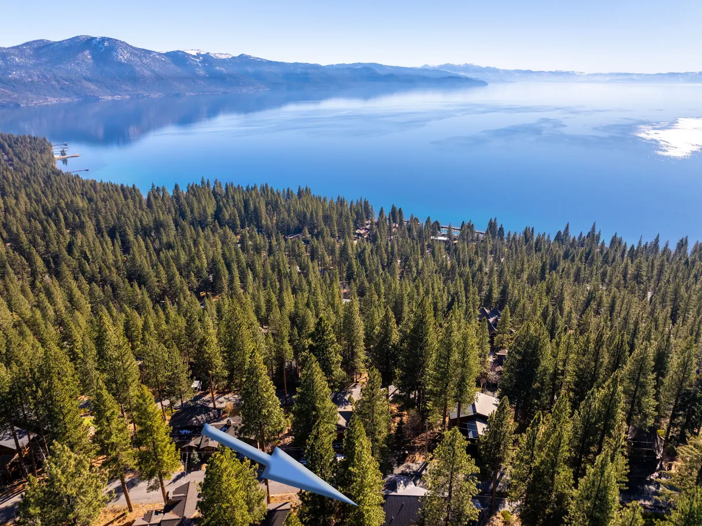The lake from above at 90s Tahoe Time Capsule, an MG home in Incline Village