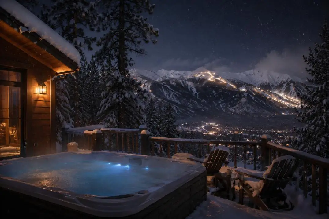 A hot tub on a deck at night above Lake Tahoe