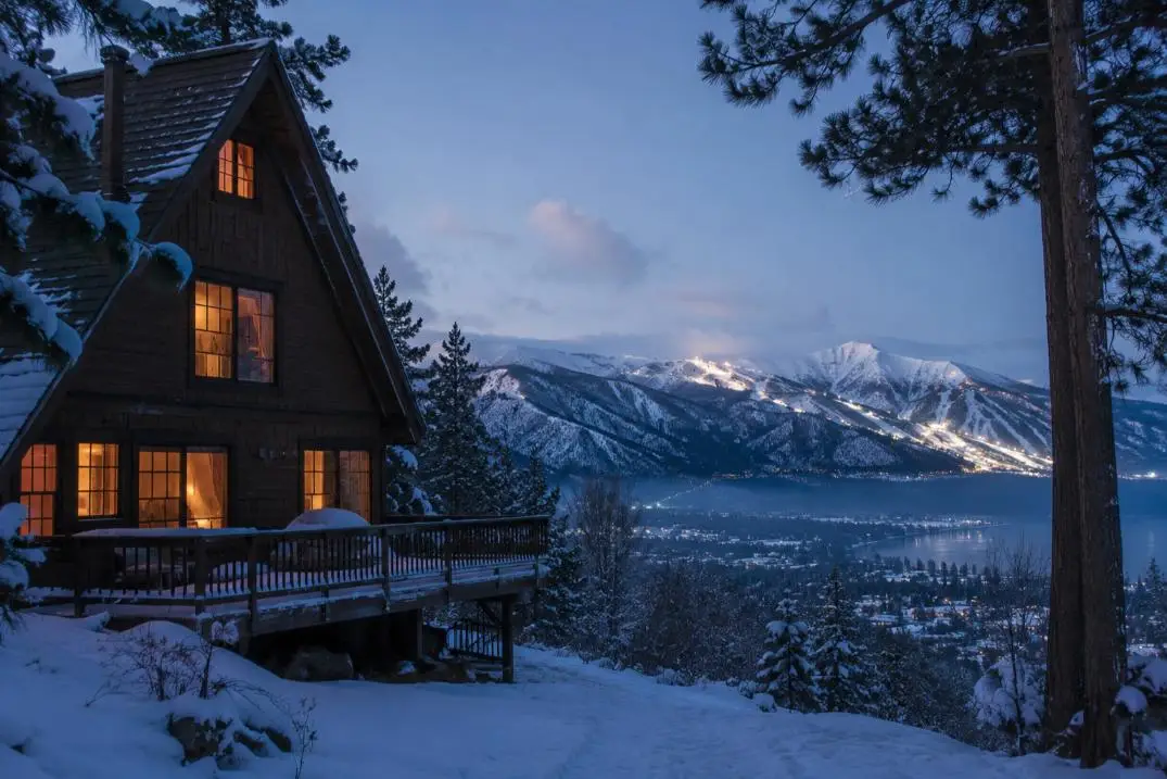 A cabin in the snow above Lake Tahoe