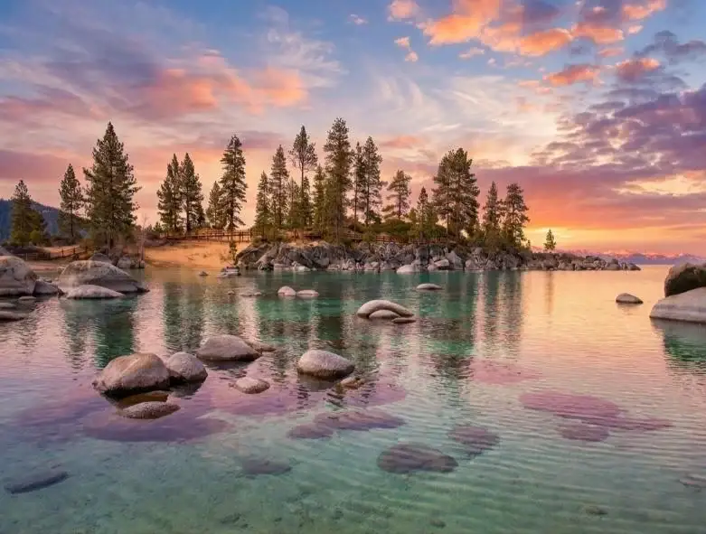 Sunset over the boulders at Crystal Bay, next to Incline Village