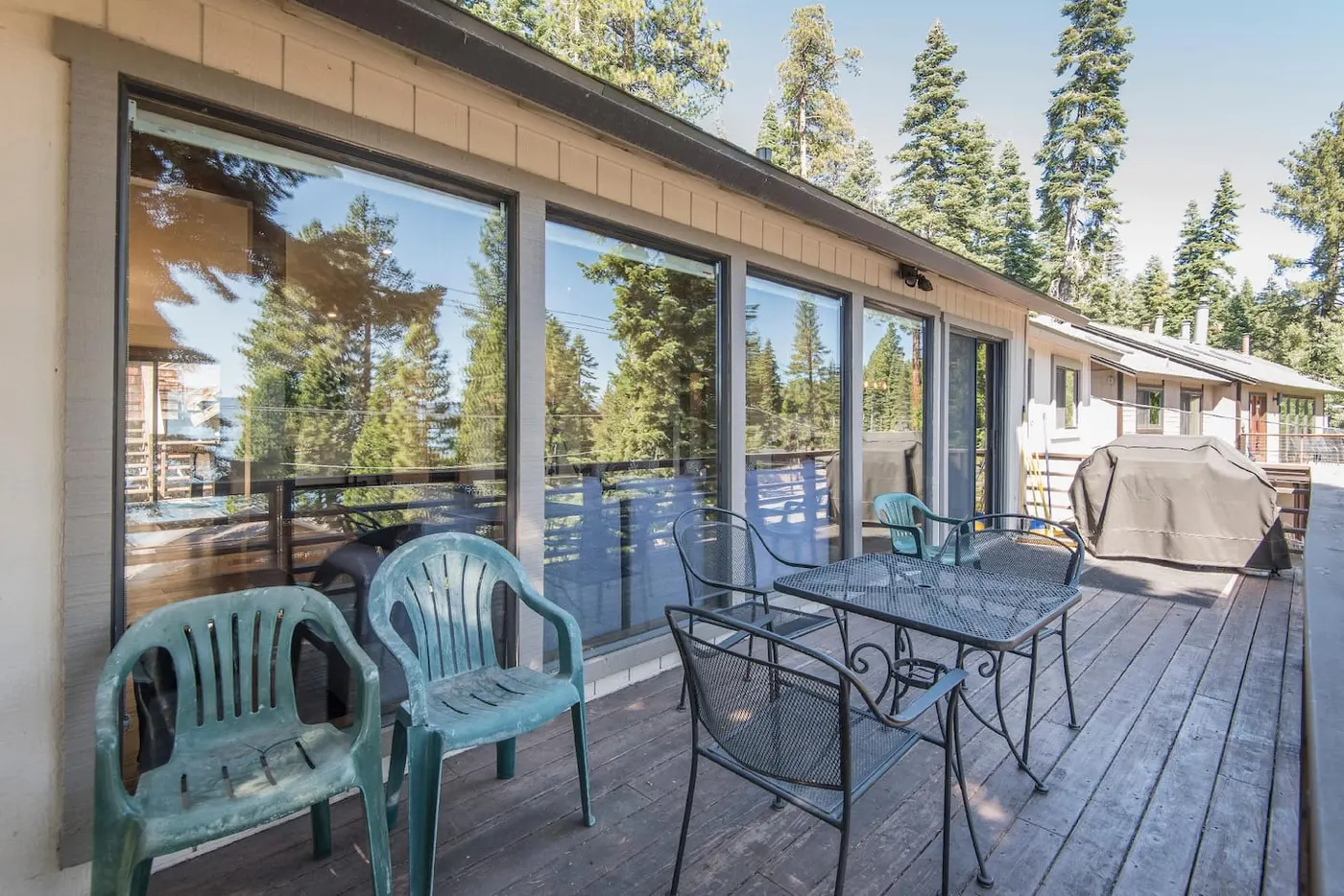 The second-floor deck at Tranquil Tahoe Haven, an MG home in Carnelian Bay