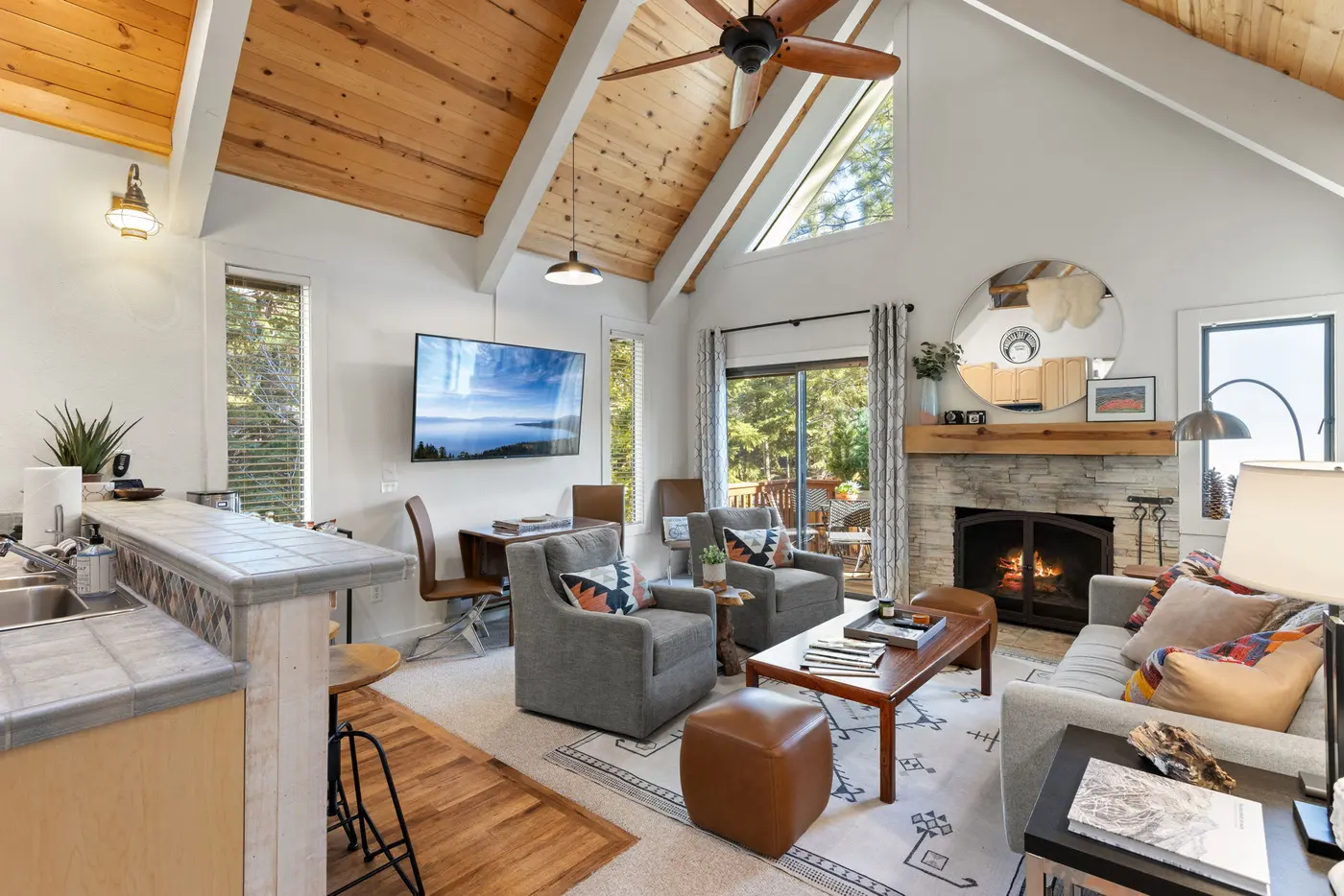 The living room at Serenity Bungalow, an MG home in Incline Village