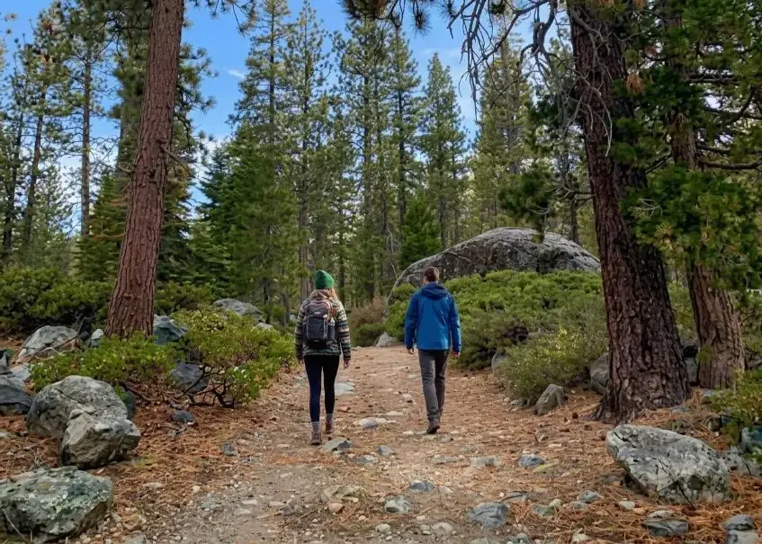 Hikers on a trail in Tahoe National Forest