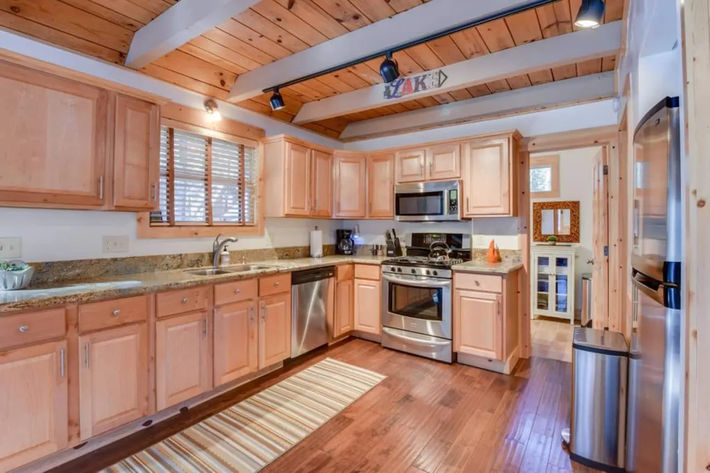 The kitchen at Tranquil Trails Cabin, an MG home in Tahoma