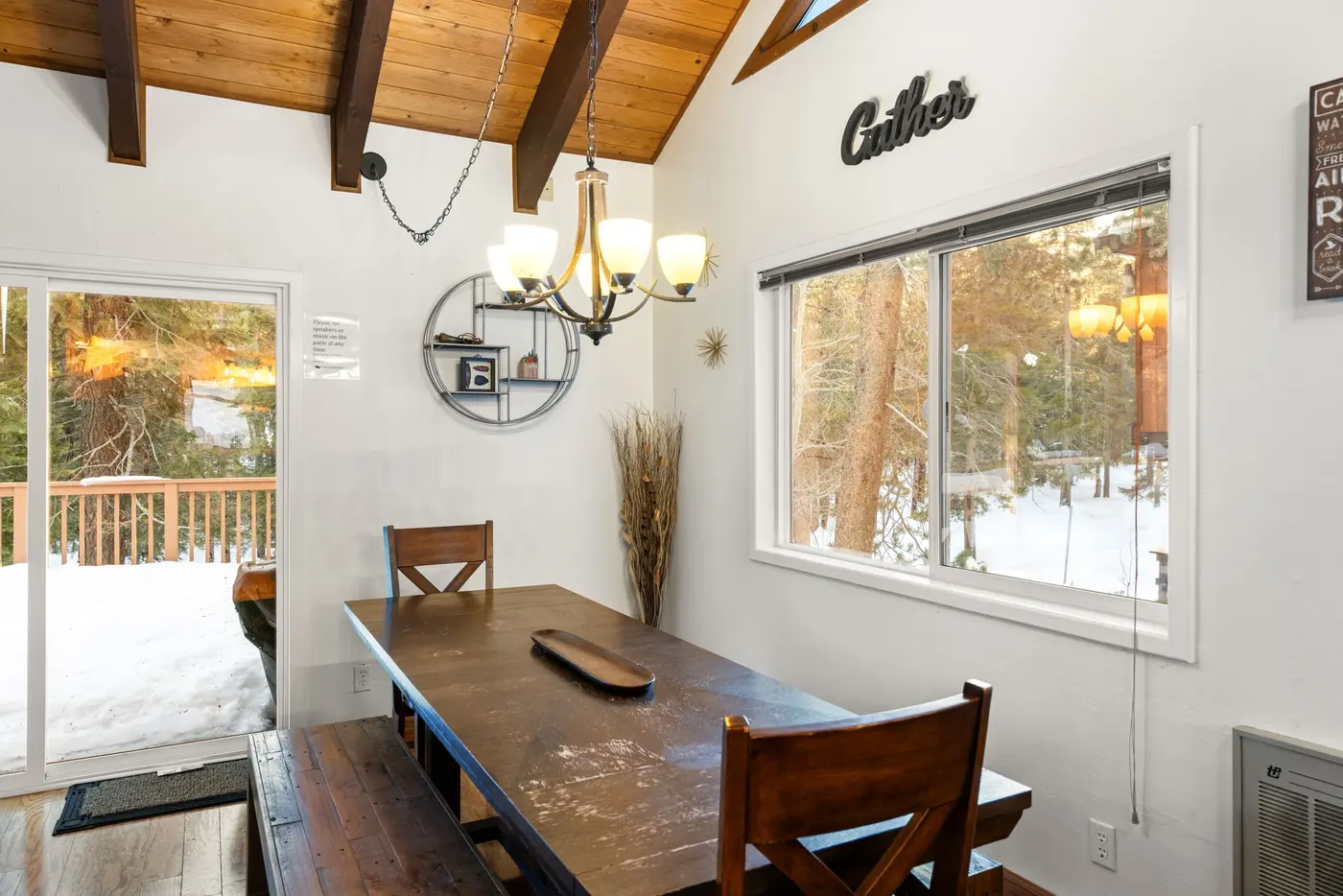 The dining area at Sierra Woodlands Getaway, an MG home in Tahoe Vista