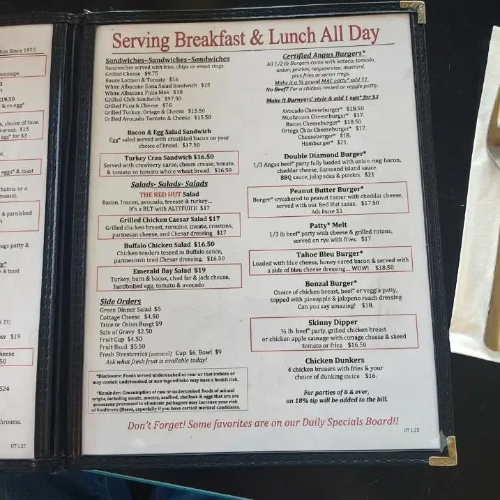 A Red Hut Cafe menu