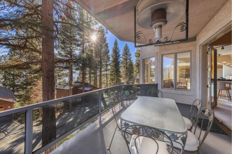 Large outdoor deck at 90s Tahoe Time Capsule overlooking the Sierra Nevada in Incline Village