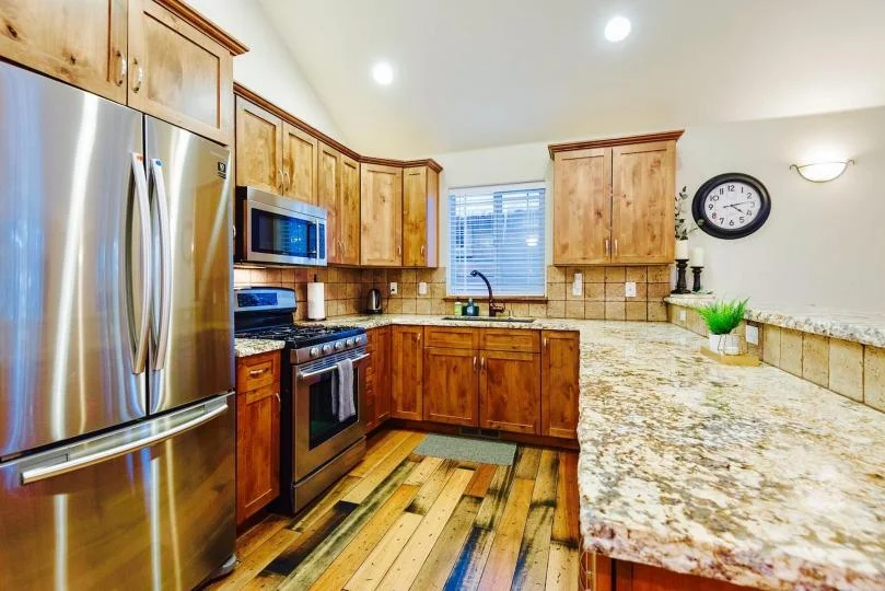 Kitchen island and cooking area at Trout and About, 3 bedroom Kings Beach rental