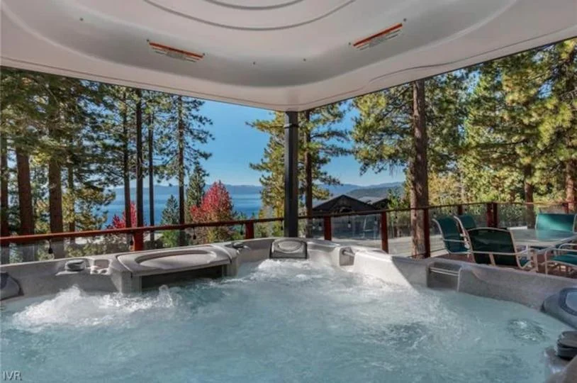 Large deck for group activities at Lakeside Luxe Retreat overlooking the Sierra Nevada in Kings Beach
