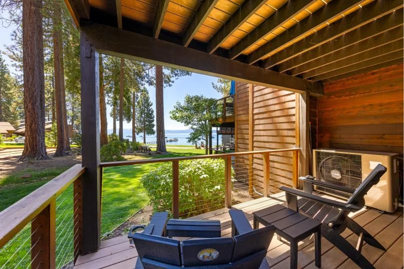 Large outdoor deck at Lakeside Luxe Retreat overlooking the Sierra Nevada in Kings Beach