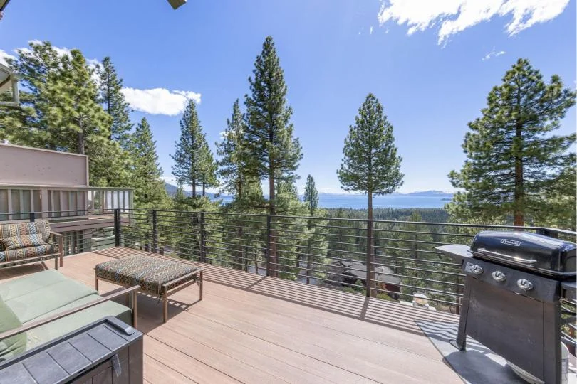 Outdoor seating and dining on the deck at Lakeview Haven in Incline Village in Incline Village