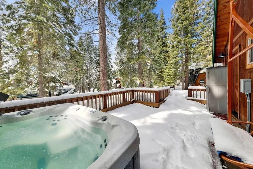 Large outdoor deck at Patton's Pfeiffer Cabin overlooking the Sierra Nevada in Carnelian Bay