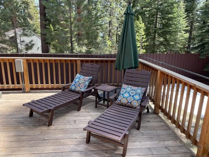Outdoor seating and dining on the deck at Restful North Ridge in Carnelian Bay