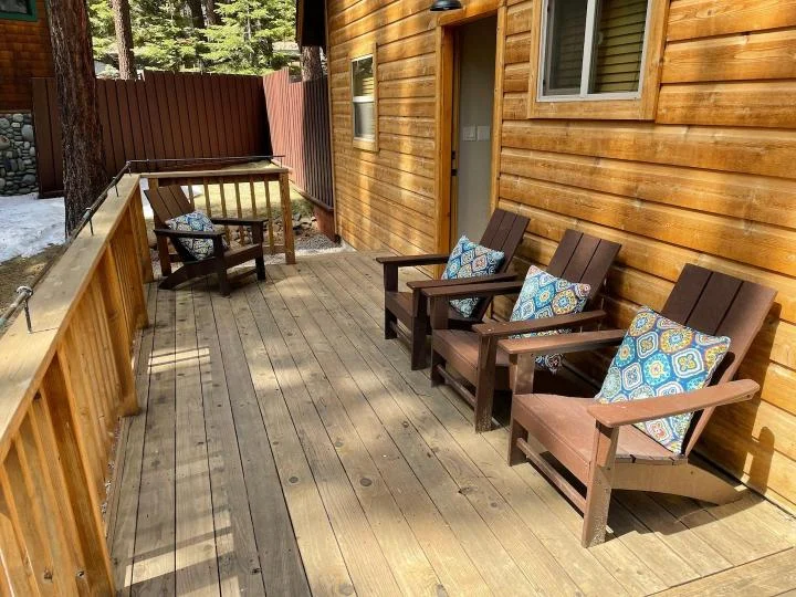 Large outdoor deck at Restful North Ridge overlooking the Sierra Nevada in Carnelian Bay