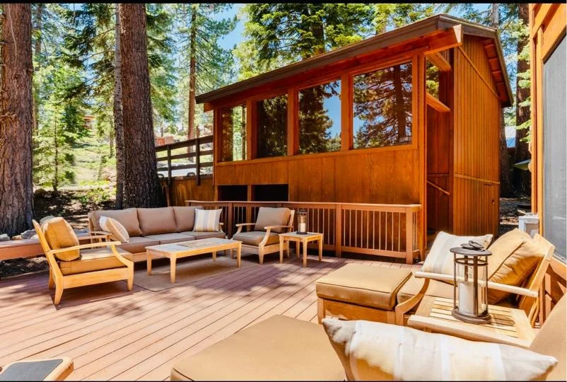 Large outdoor deck at Sunlit Incline Retreat overlooking the Sierra Nevada in Incline Village