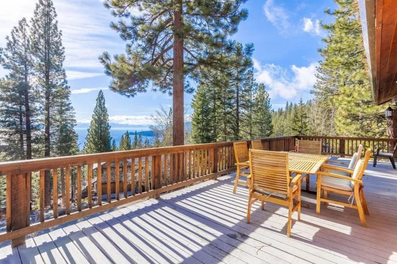 Large outdoor deck at Tranquil Alpine Bliss overlooking the Sierra Nevada in Incline Village