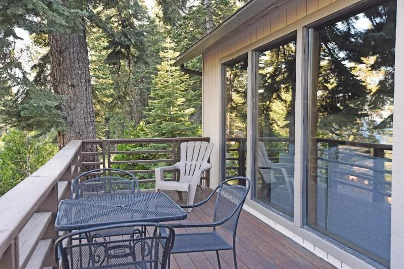 Large outdoor deck at Tranquil Tahoe Haven overlooking the Sierra Nevada in Carnelian Bay
